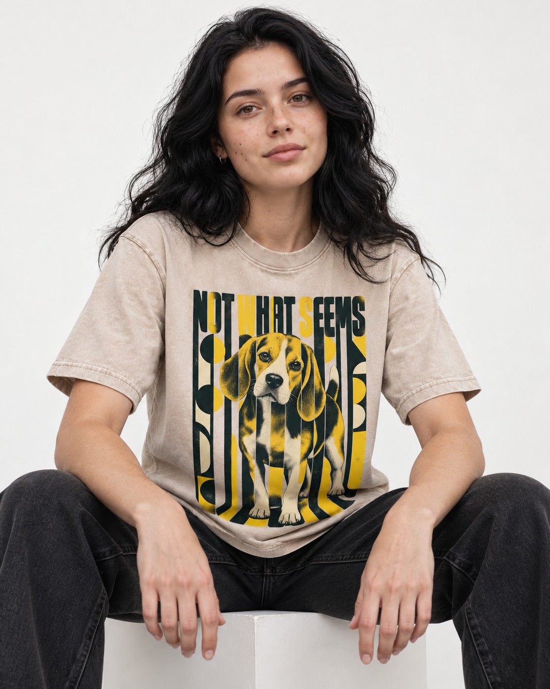 Not What It Seems Beagle Washed Tee in Apricot, worn by a seated model