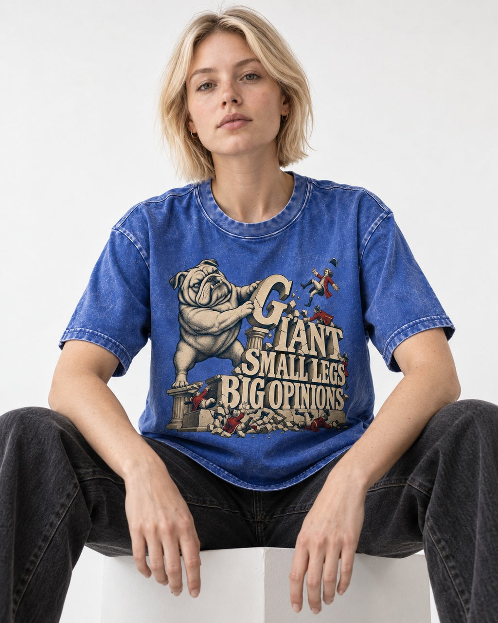English Bulldog Giant Small Legs Big Opinions Monument Graphic Washed Tee in Royal Blue, worn by a seated model
