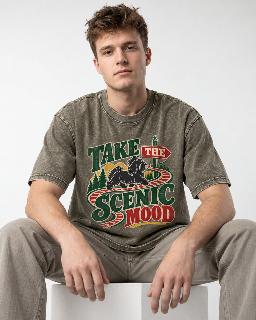 Shih Tzu Take the Scenic Mood Road Sign Graphic Washed Tee in Army Green, worn by a seated model