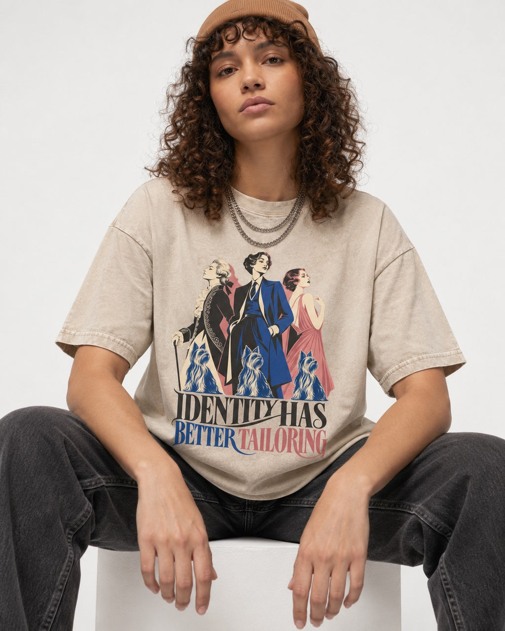 Yorkshire Terrier Identity Has Better Tailoring Washed Tee in Apricot, worn by a seated model