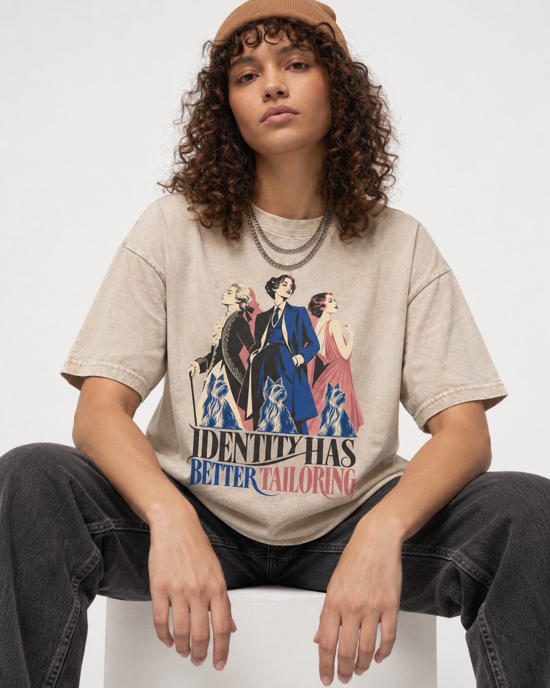 Yorkshire Terrier Identity Has Better Tailoring Washed Tee in Apricot, worn by a seated model