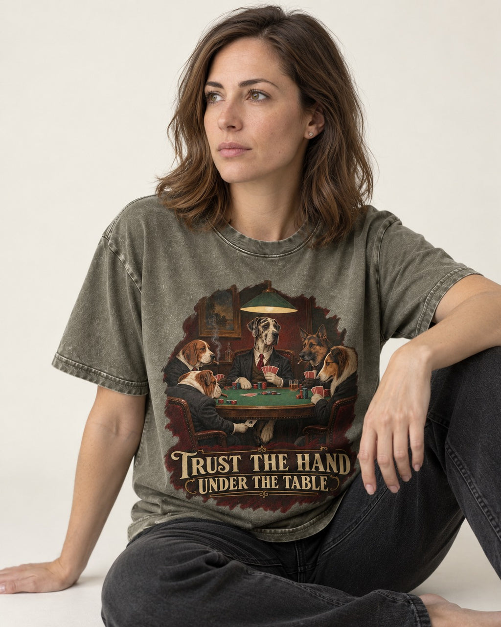 Great Dane Trust the Hand Under the Table Poker Graphic Washed Tee in Army Green, worn by a seated model