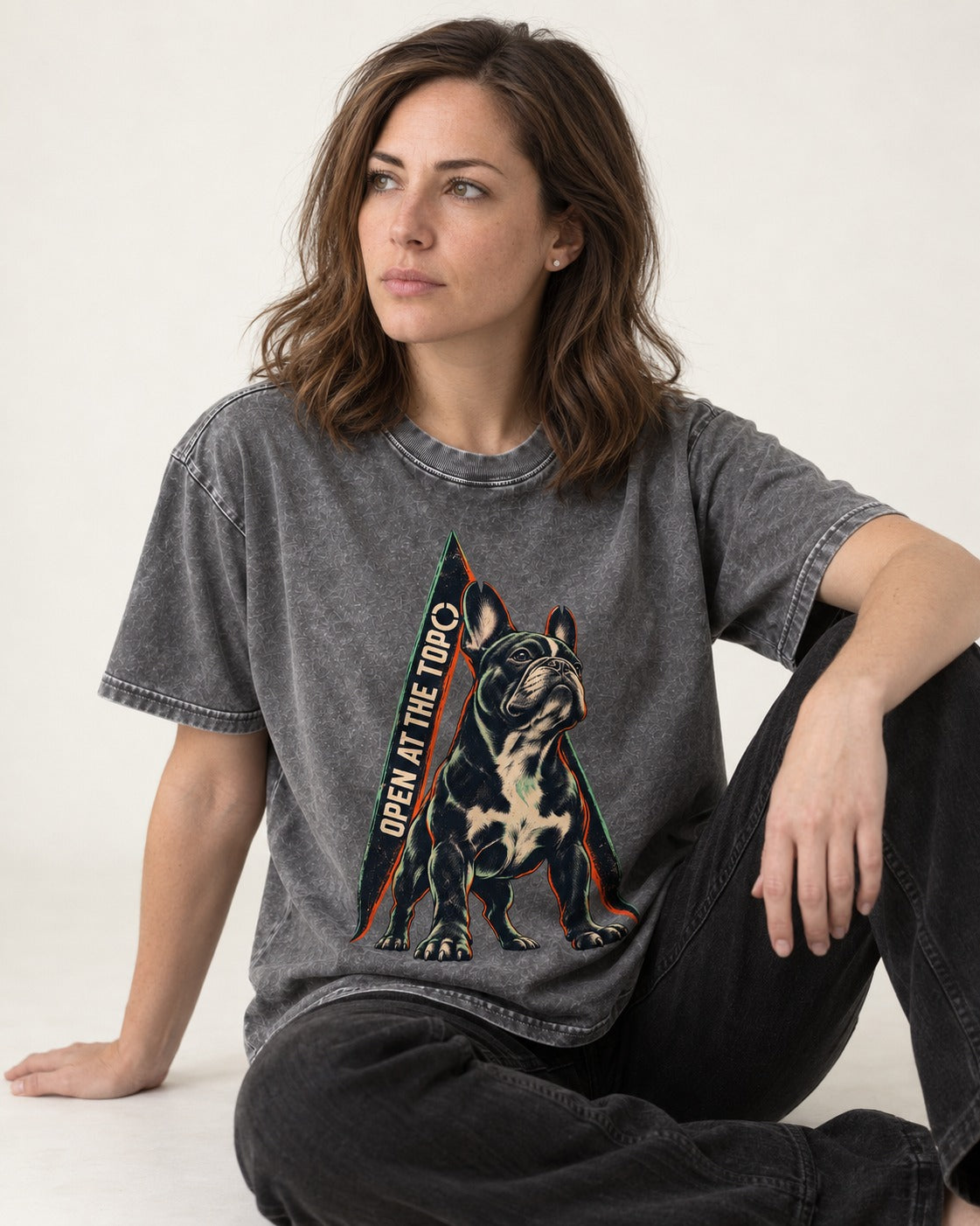 Frenchie Open at the Top Washed Tee in Gray, worn by a seated model