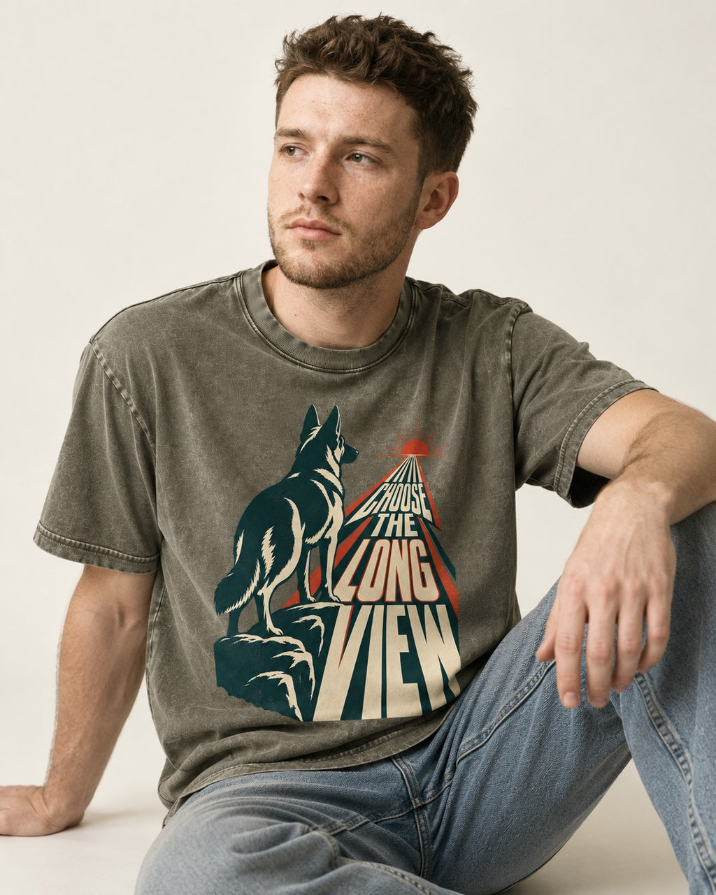Choose the Long View Sunrise German Shepherd Dog Graphic Washed Tee in Army Green, worn by a seated model
