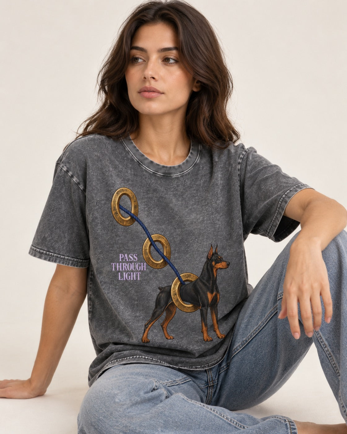 Doberman Pass Through Light Ring Graphic Washed Tee in Gray, worn by a seated model