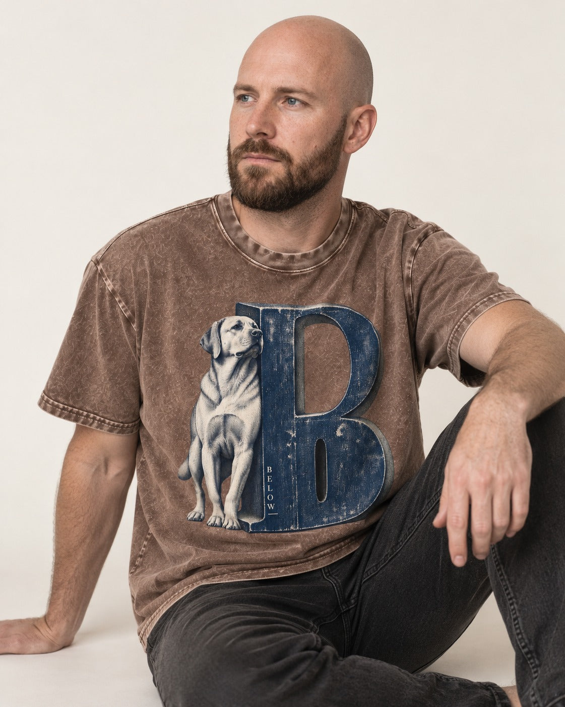 Labrador Retriever Below Washed Tee in Coffee, worn by a seated model