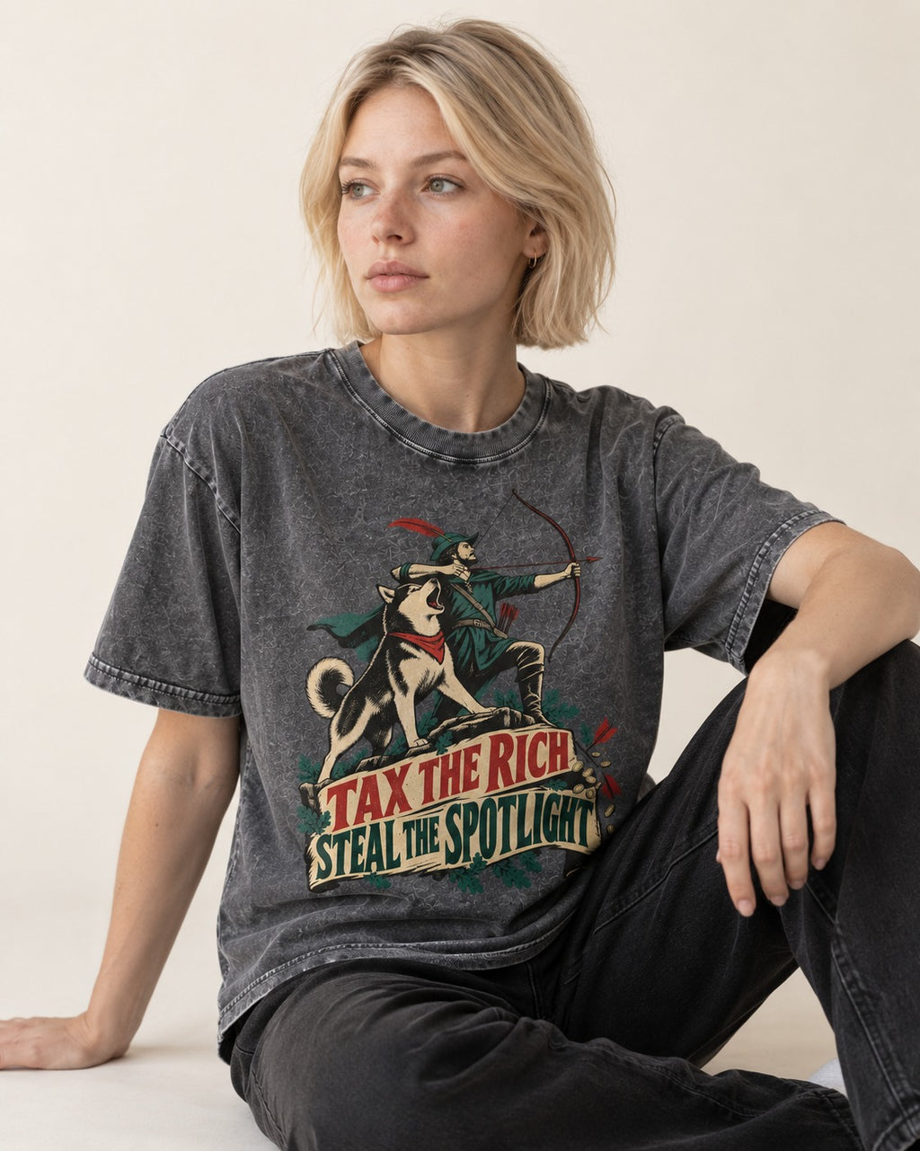 Husky Steals the Spotlight Washed Tee in Gray, worn by a seated model