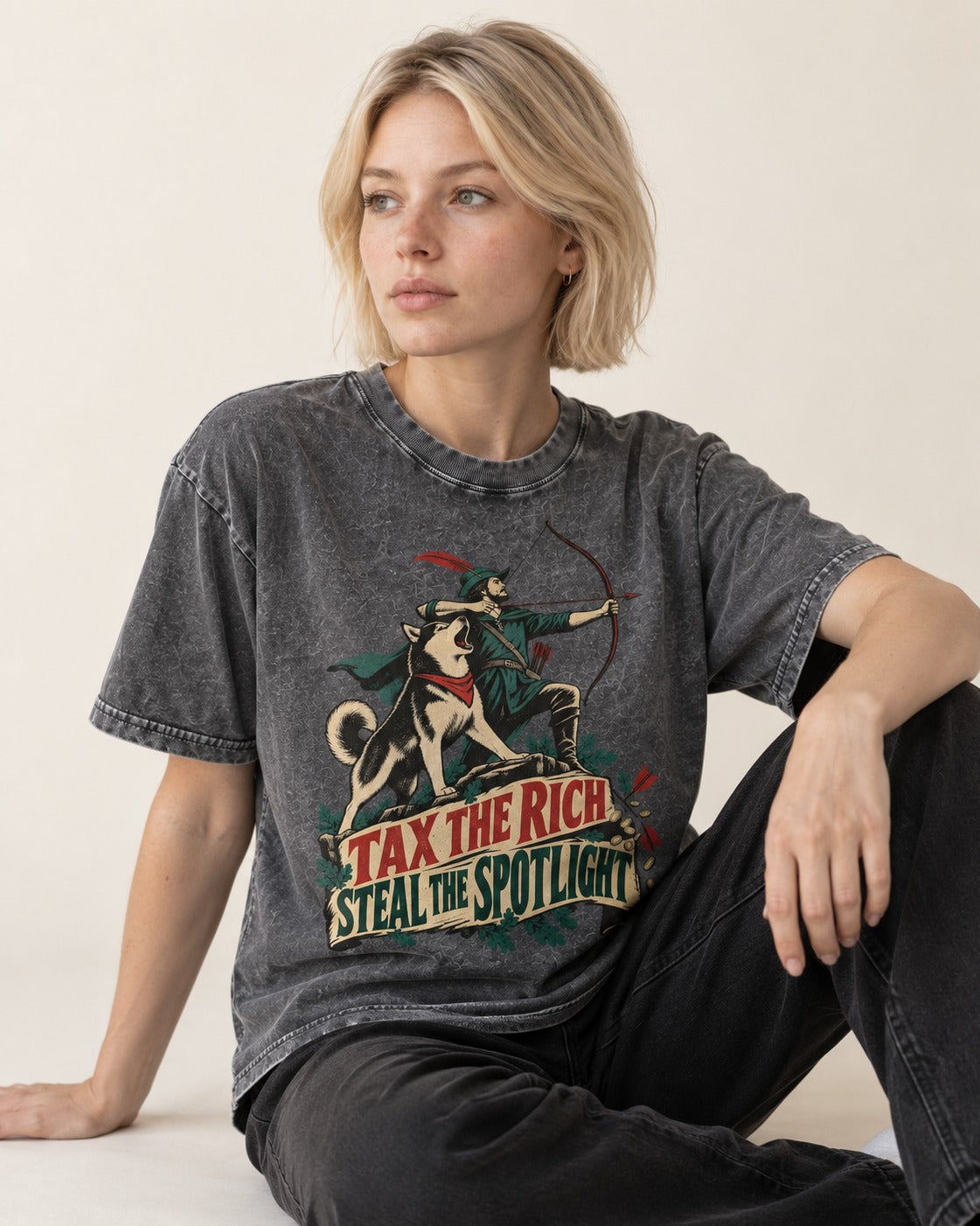 Husky Steals the Spotlight Washed Tee in Gray, worn by a seated model