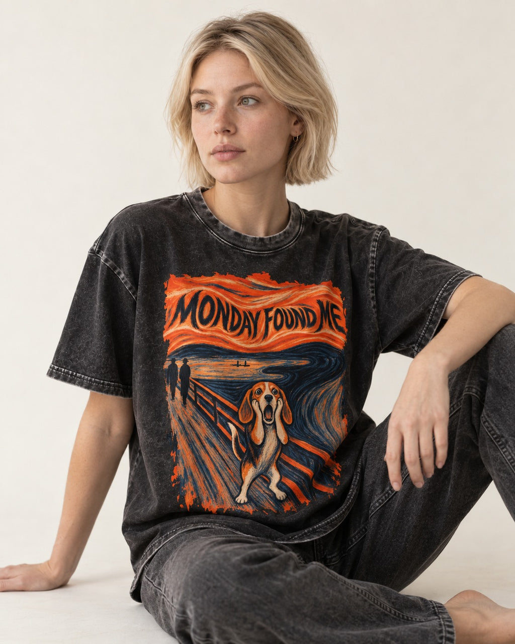 Monday Found Me Beagle Scream Scene Washed Tee in Black, worn by a seated model