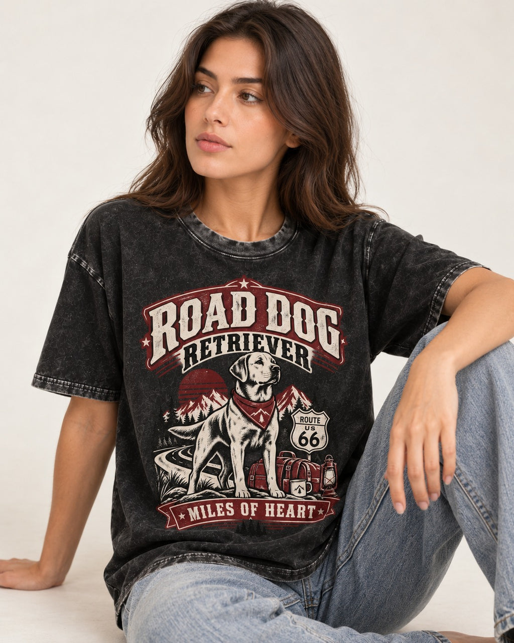 Labrador Retriever Road Dog Miles of Heart Route 66 Graphic Washed Tee in Black, worn by a seated model