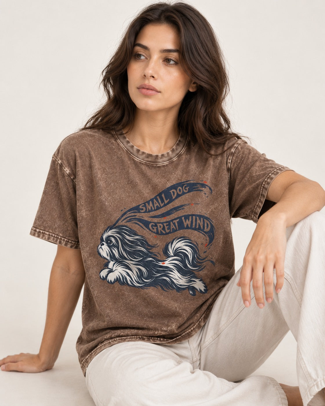 Small Shih Tzu Great Wind Washed Tee in Coffee, worn by a seated model