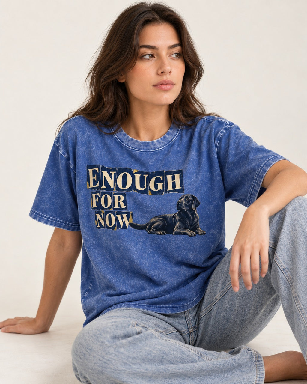 Labrador Retriever Enough for Now Reclining Graphic Washed Tee in Royal Blue, worn by a seated model
