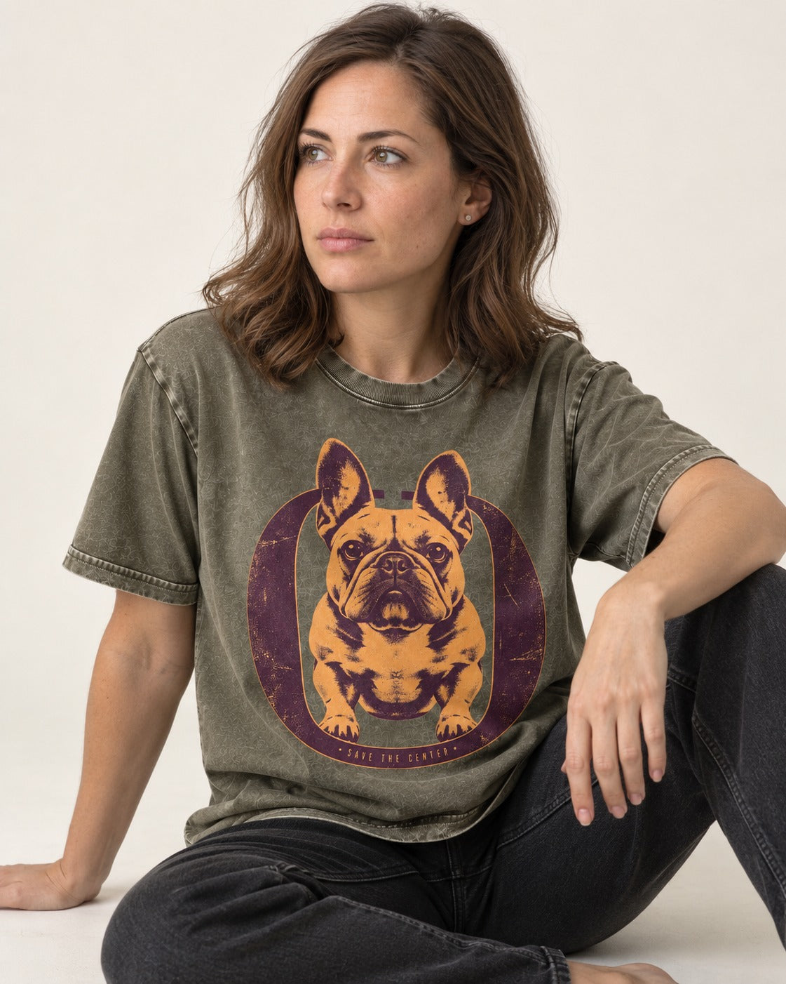 Frenchie Save the Center Oval Portrait Graphic Washed Tee in Army Green, worn by a seated model