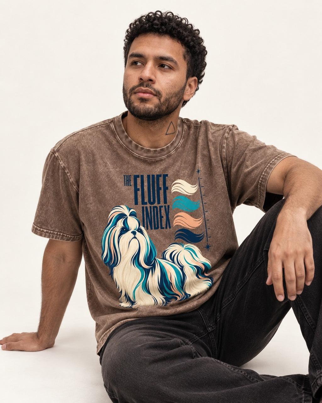 Shih Tzu The Fluff Index Coat Color Chart Graphic Washed Tee in Coffee, worn by a seated model