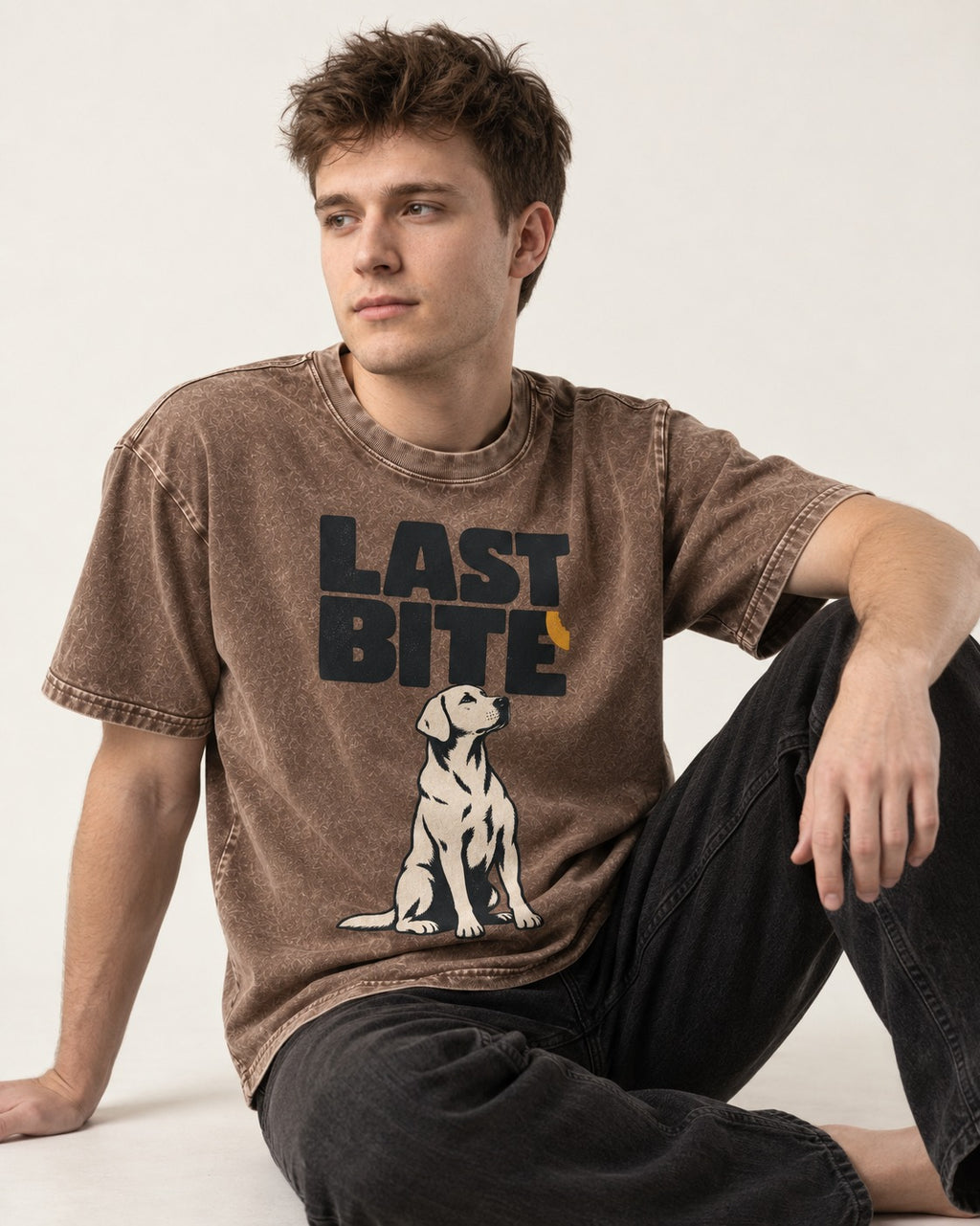 Labrador Retriever's Last Bite Washed Tee in Coffee, worn by a seated model