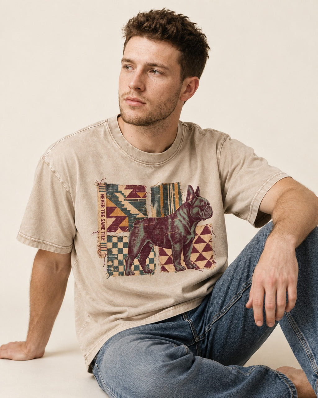 Frenchie Never the Same Tile Textile Graphic Washed Tee in Apricot, worn by a seated model