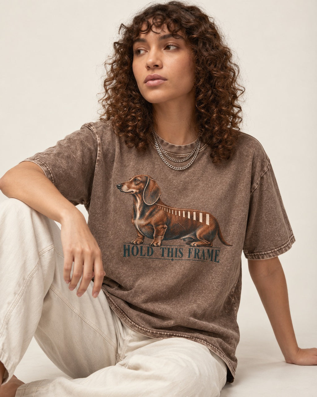 Dachshund Hold This Frame Washed Tee in Coffee, worn by a seated model