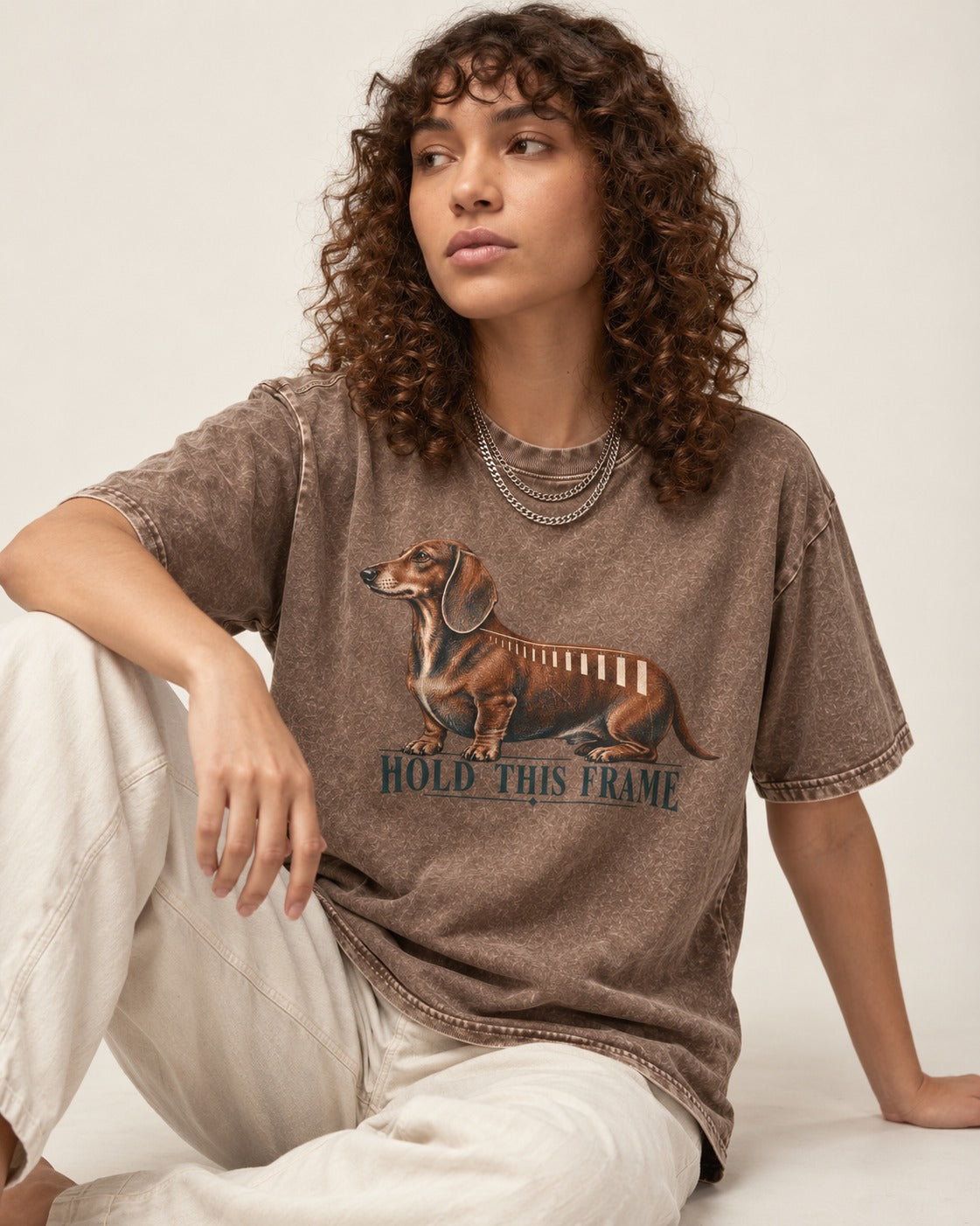 Dachshund Hold This Frame Washed Tee in Coffee, worn by a seated model