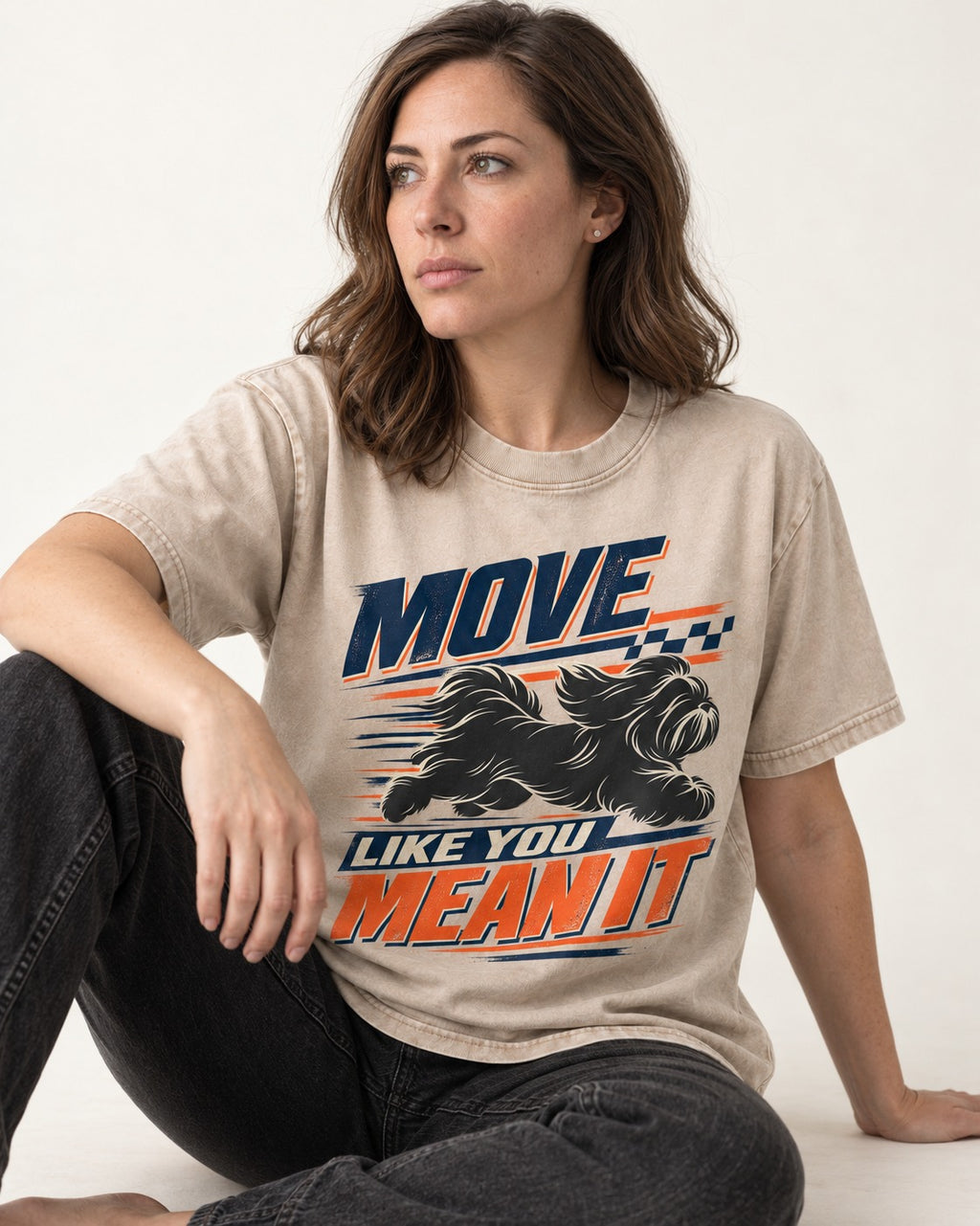 Move and Mean It Shih Tzu Washed Tee in Apricot, worn by a seated model