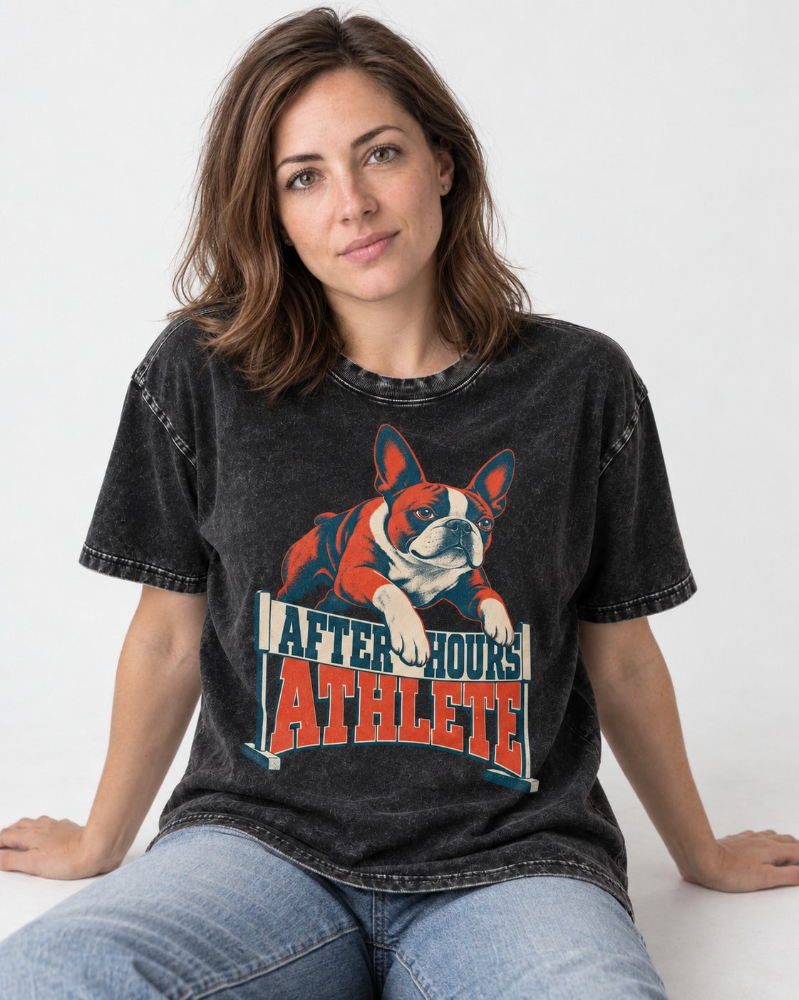 After Hours Athlete Boston Terrier Washed Tee in Black, worn by a seated model