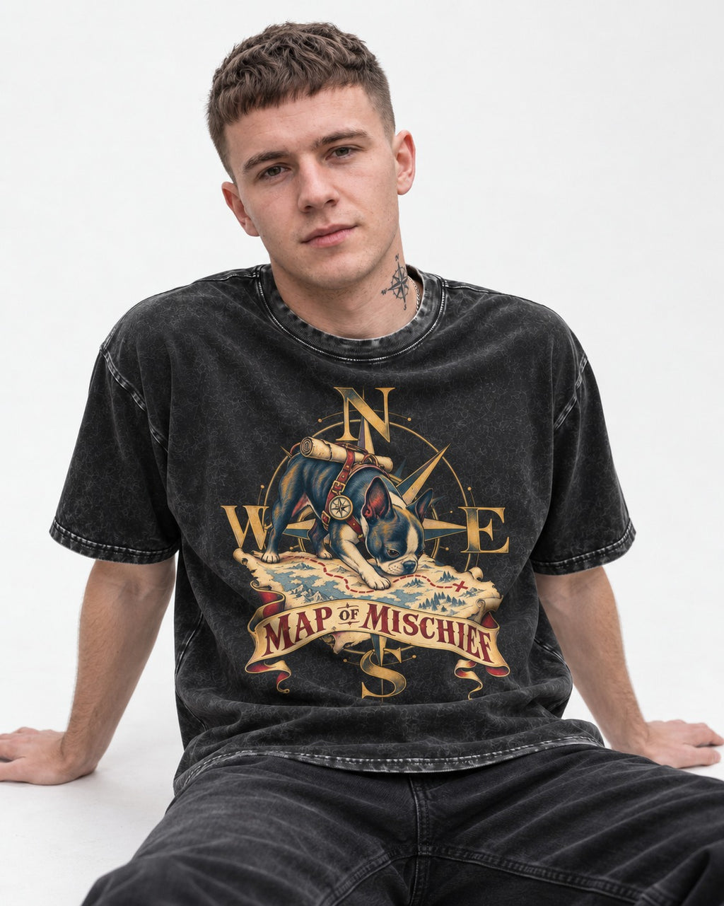 Map of Mischief Boston Terrier Washed Tee in Black, worn by a seated model