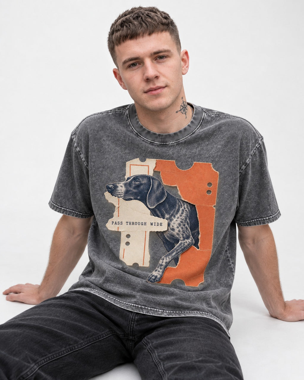 German Shorthaired Pointer Pass Through Wide Ticket Graphic Washed Tee in Gray, worn by a seated model