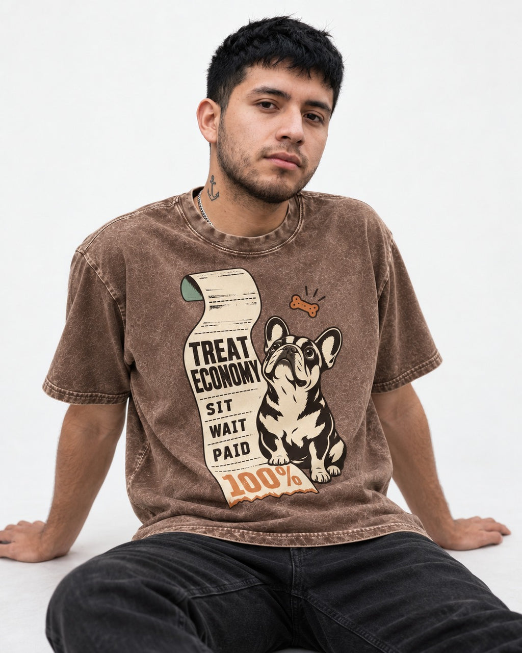 Sit Wait Paid Frenchie Washed Tee in Coffee, worn by a seated model