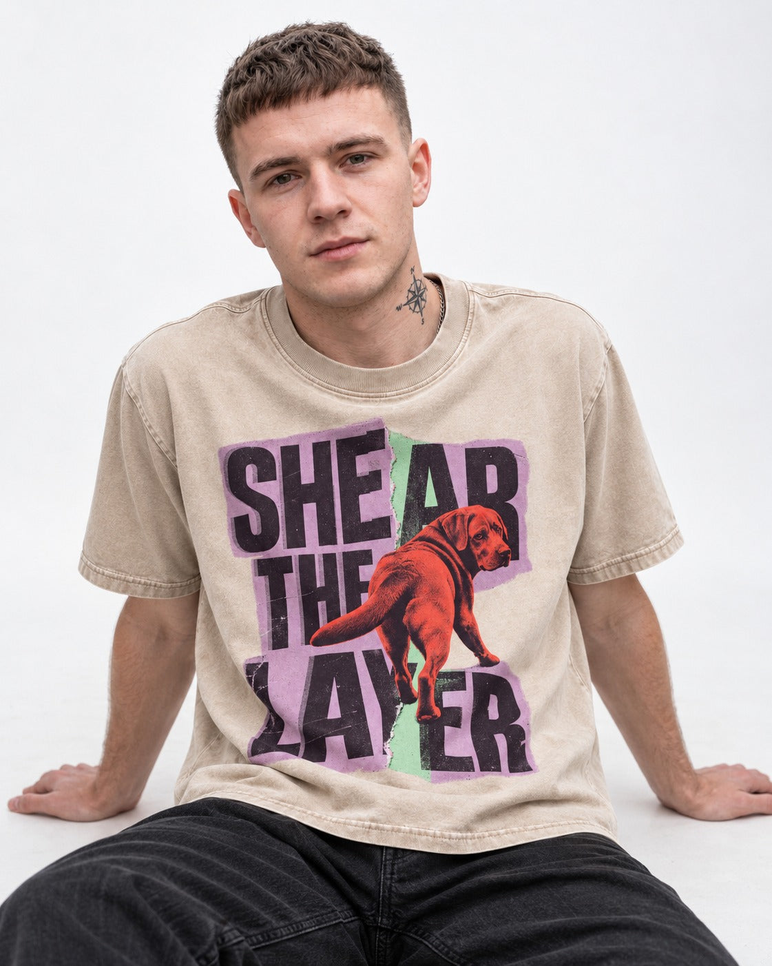 Labrador Retriever Shear the Layer Torn Paper Graphic Washed Tee in Apricot, worn by a seated model