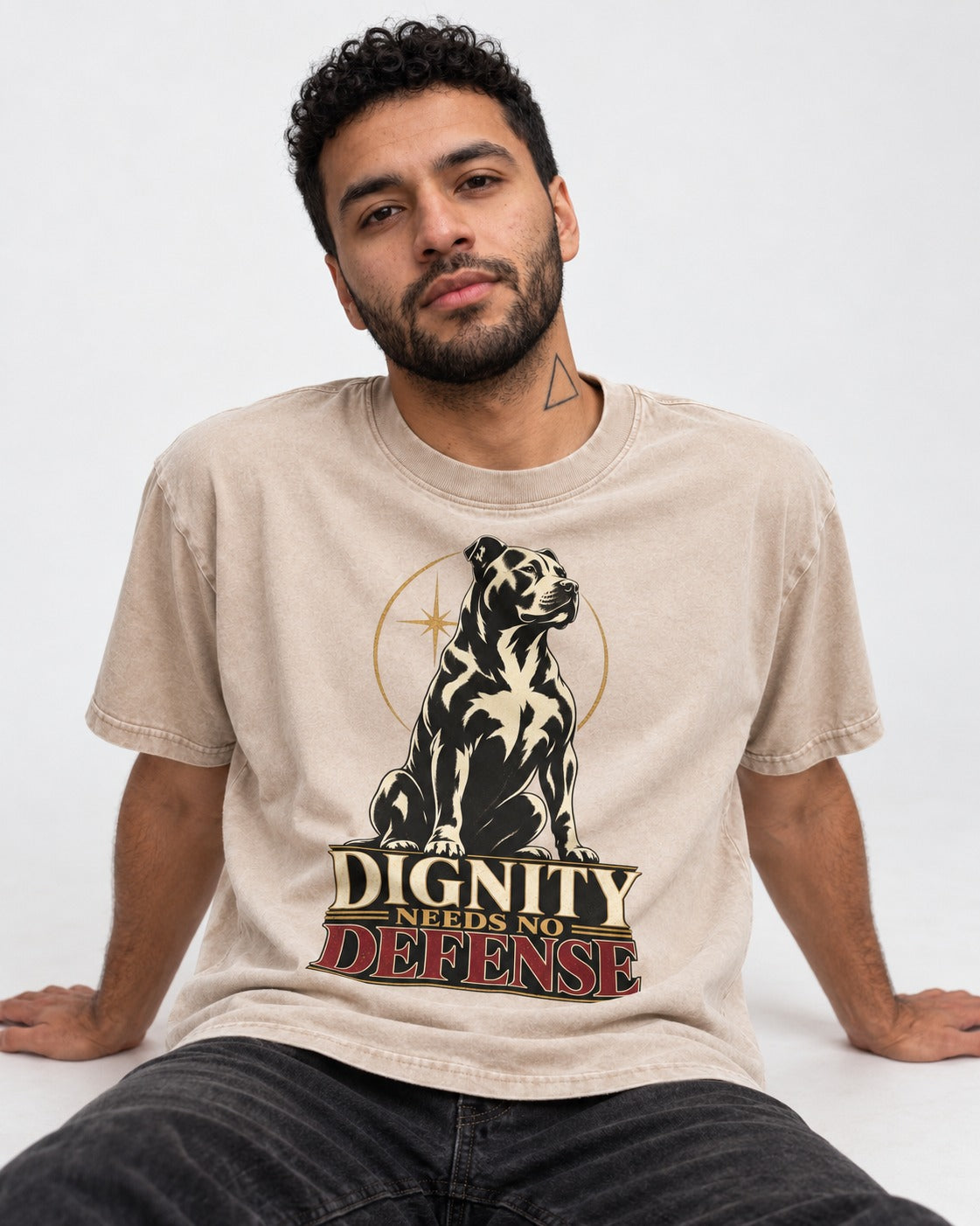 Pitbull Dignity Needs No Defense Seated Emblem Graphic Washed Tee in Apricot, worn by a seated model