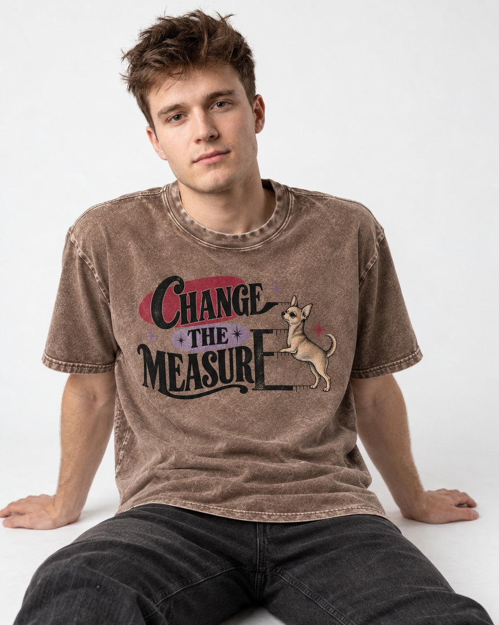 Change the Measure Chihuahua Washed Tee in Coffee, worn by a seated model