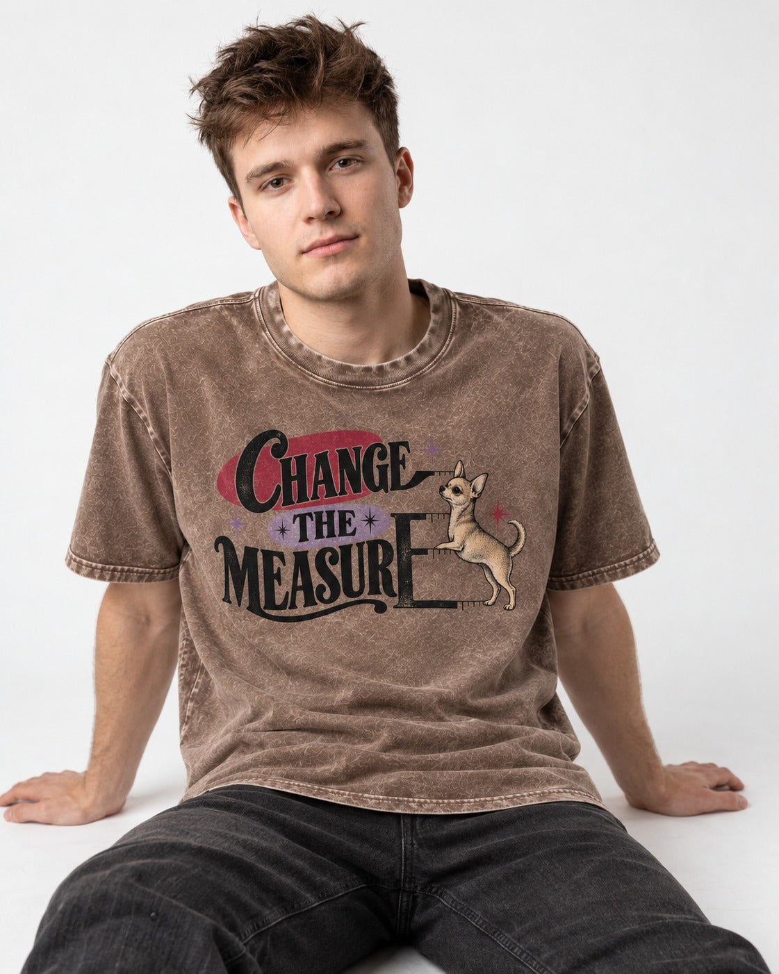 Change the Measure Chihuahua Washed Tee in Coffee, worn by a seated model