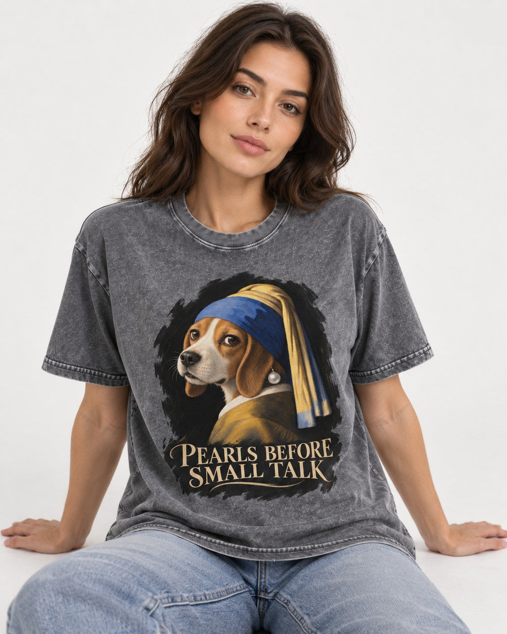 Beagle Paris Before Small Talk Washed Tee in Gray, worn by a seated model
