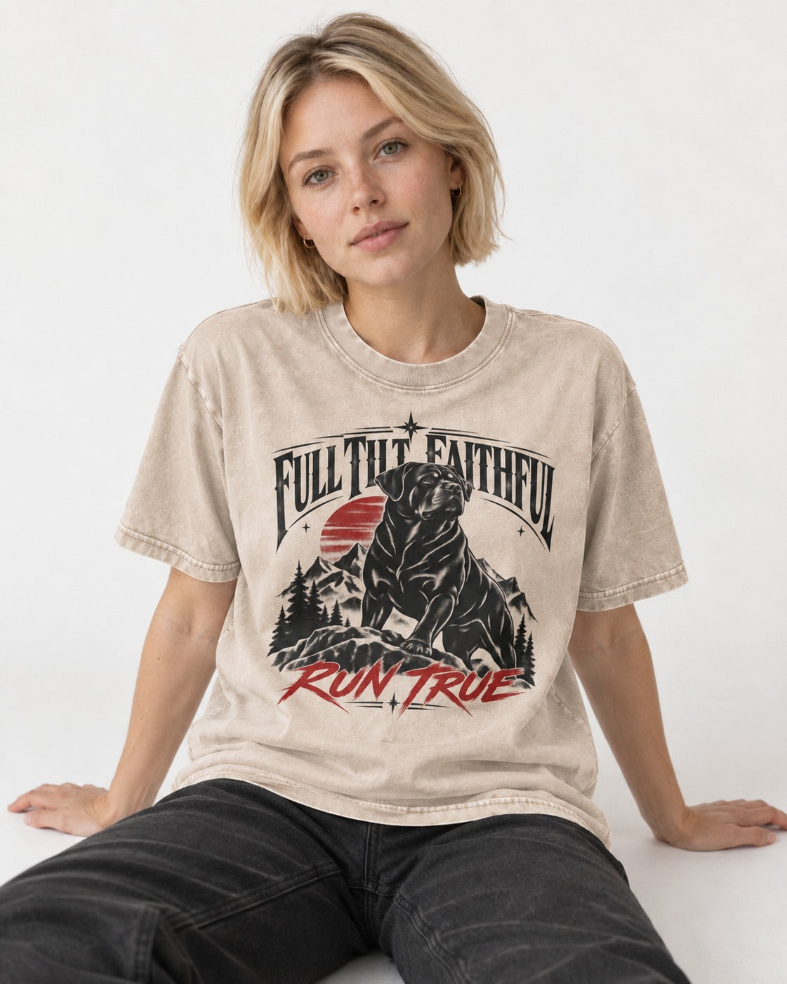 Run True Rottweiler Washed Tee in Apricot, worn by a seated model