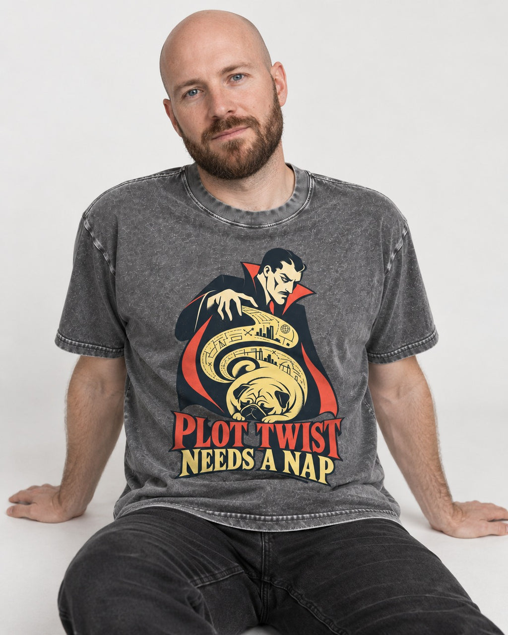 Pug Needs a Nap Washed Tee in Gray, worn by a seated model