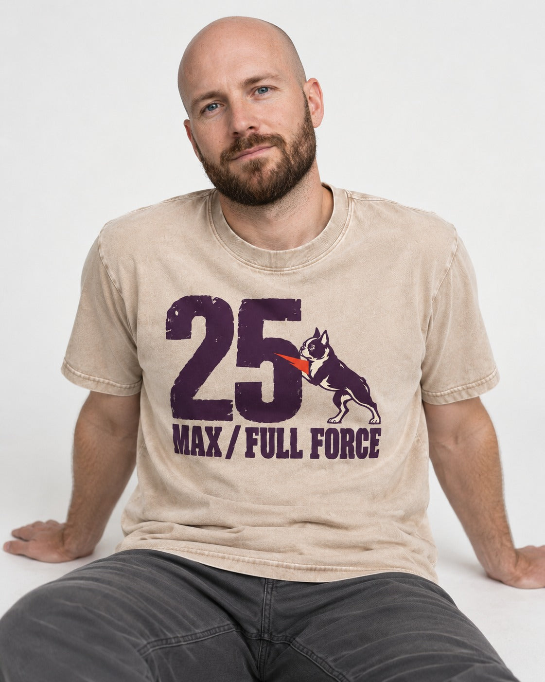 Boston Terrier Full Force Washed Tee in Apricot, worn by a seated model