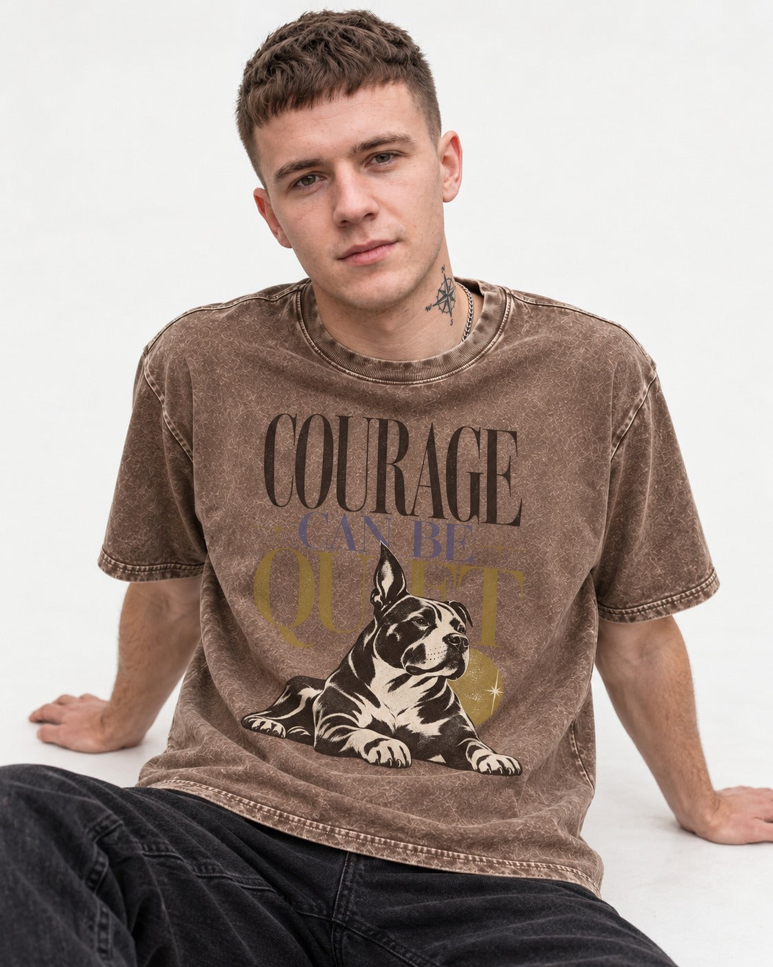 Pitbull Courage Can Be Quiet Washed Tee in Coffee, worn by a seated model