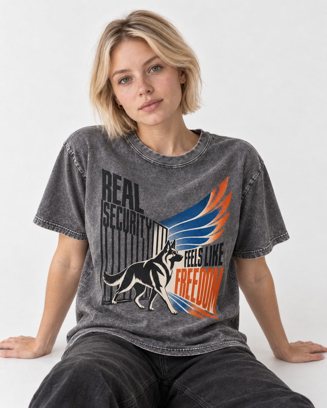 German Shepherd Dog Feels Like Freedom Washed Tee in Gray, worn by a seated model