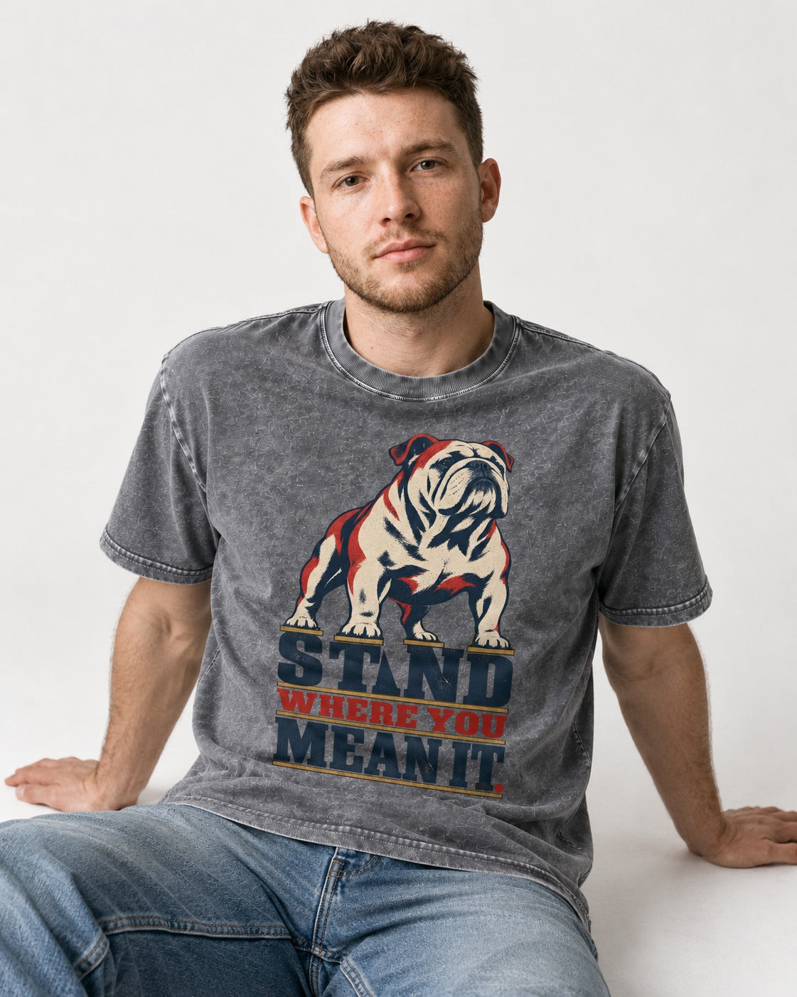 English Bulldog Stand Washed Tee in Gray, worn by a seated model