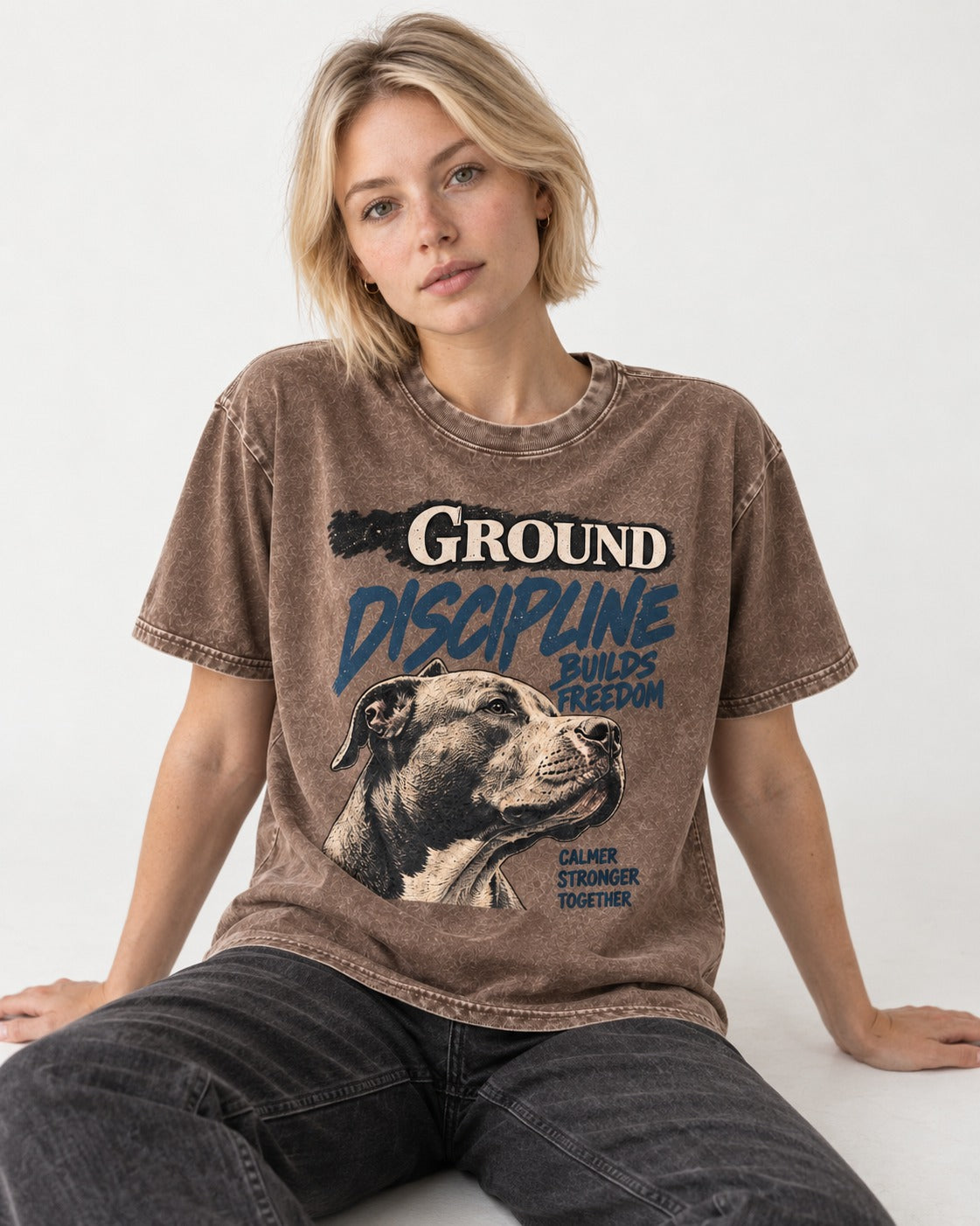 Pitbull Discipline Builds Freedom Washed Tee in Coffee, worn by a seated model