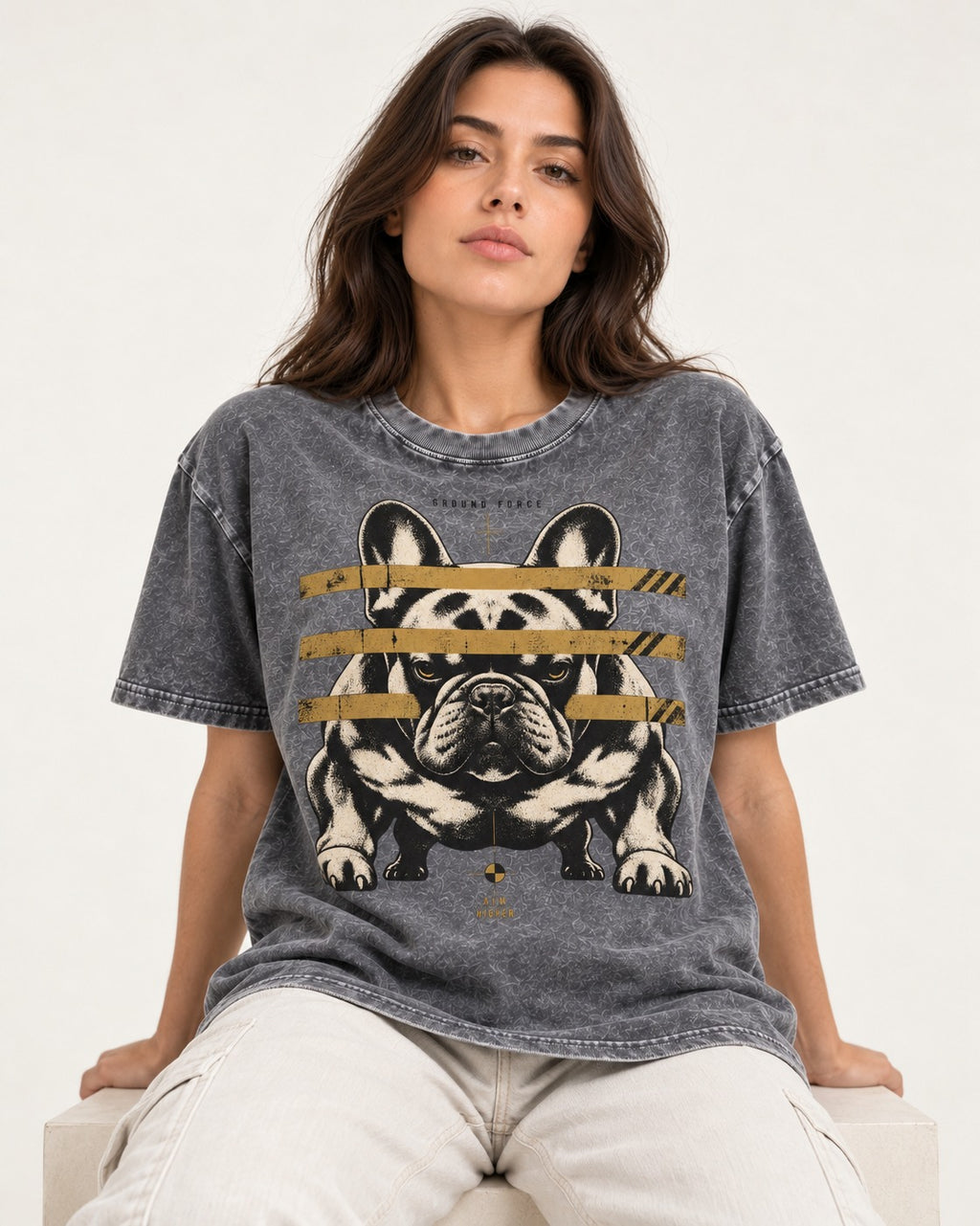 Frenchie Ground Force Industrial Barrier Graphic Washed Tee in Gray, worn by a seated model