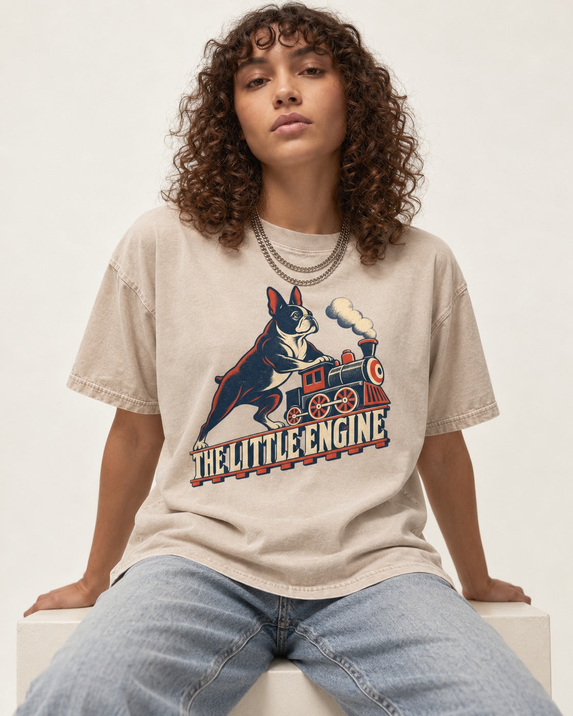 Boston Terrier The Little Engine Washed Tee in Apricot, worn by a seated model