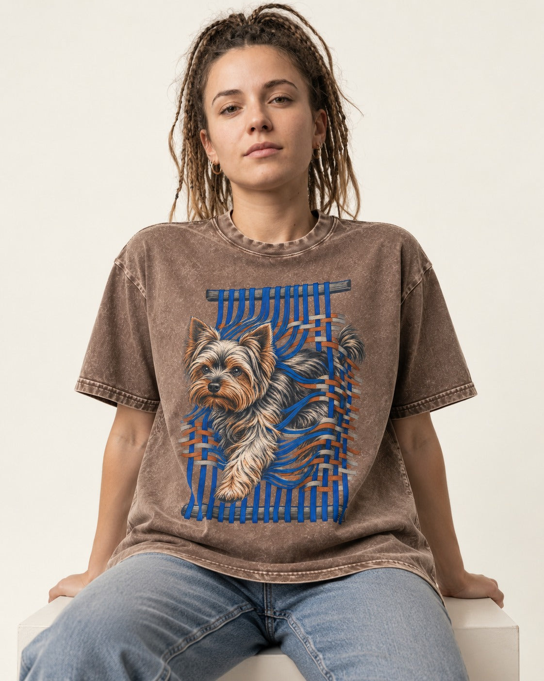 Yorkshire Terrier Unbound Washed Tee in Coffee, worn by a seated model