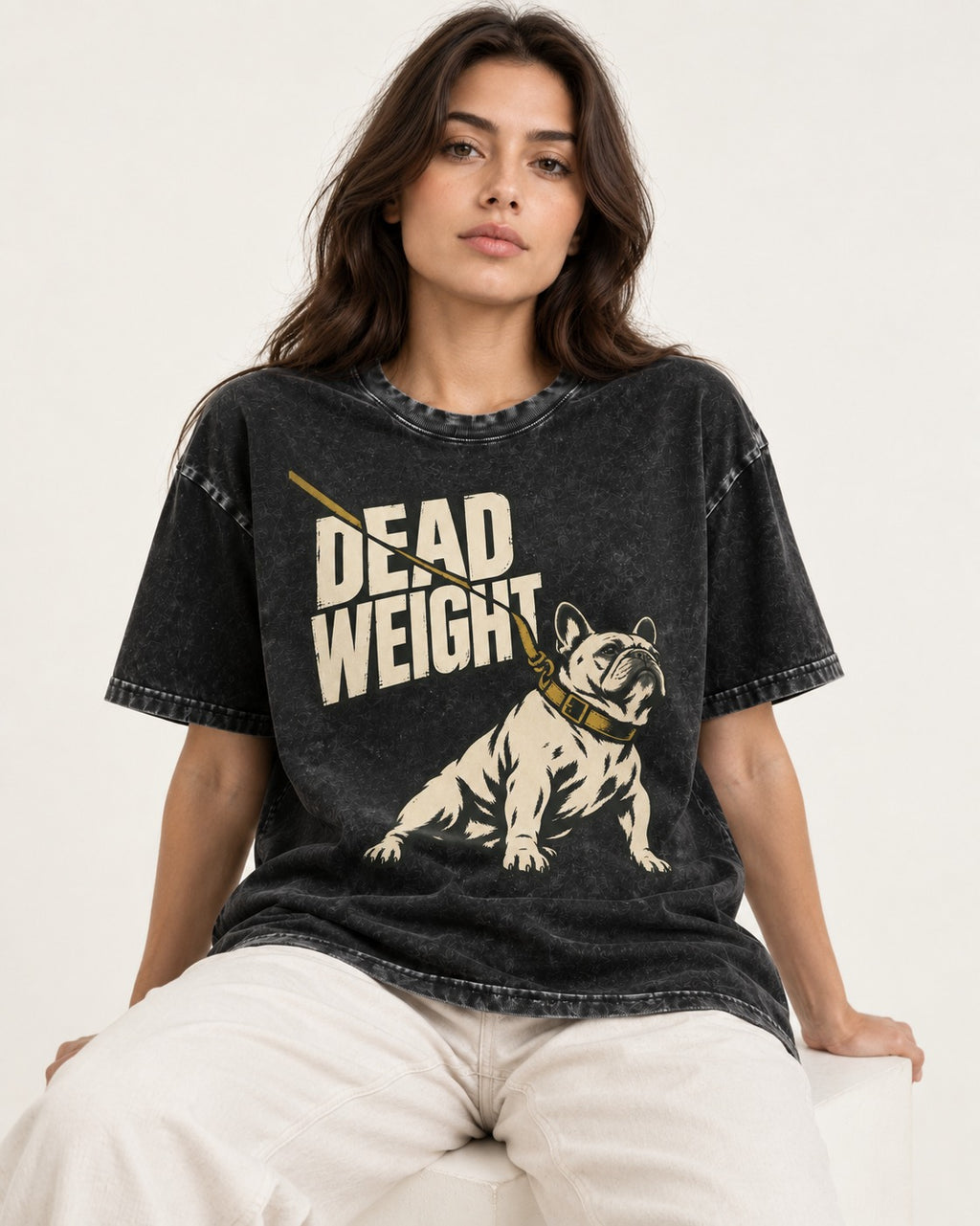 Frenchie Dead Weight Leash Graphic Washed Tee in Black, worn by a seated model