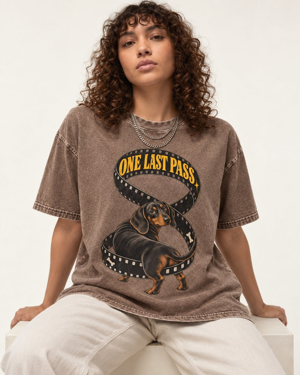 Dachshund's One Last Pass Washed Tee in Coffee, worn by a seated model