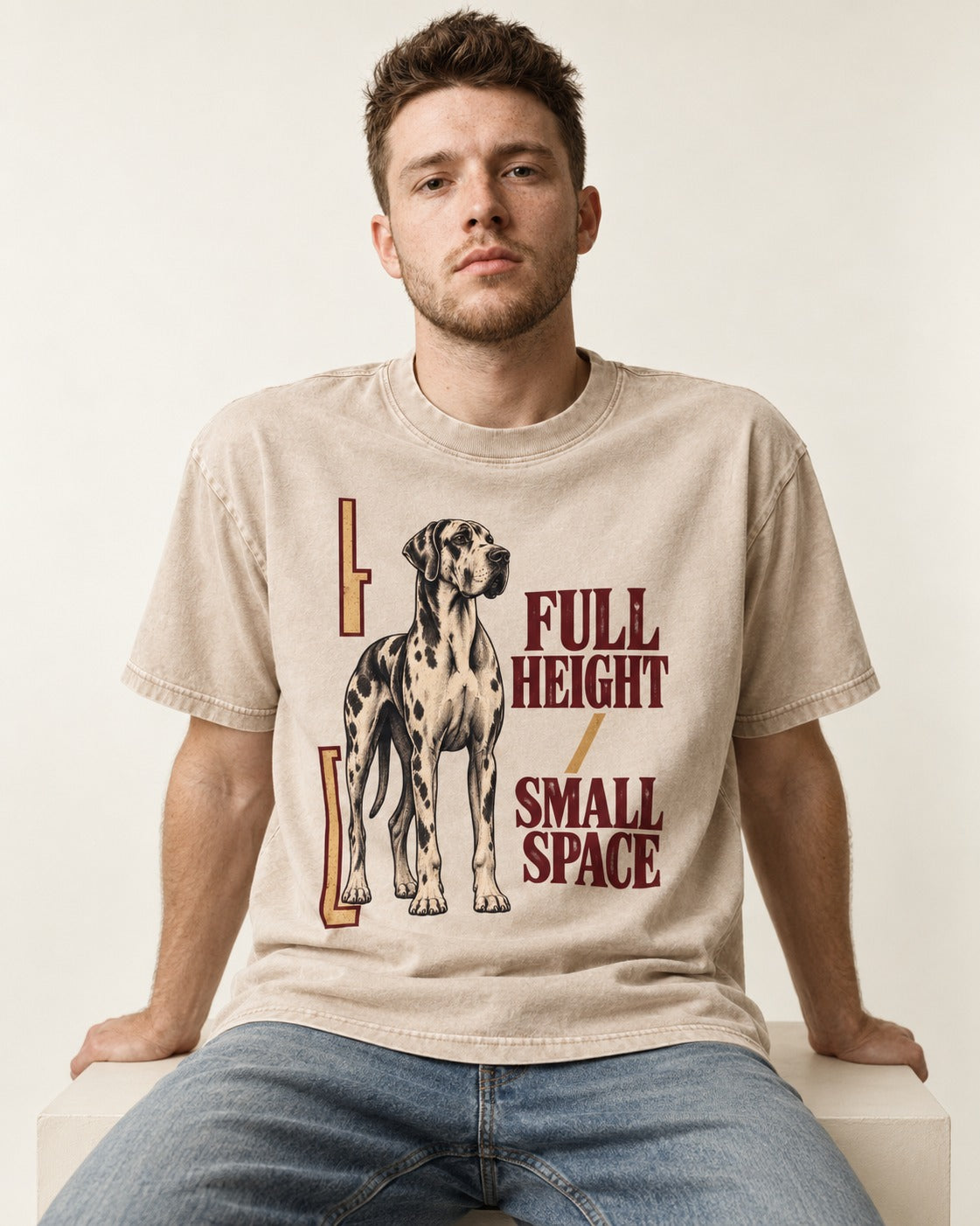 Great Dane Full Height Small Space Washed Tee in Apricot, worn by a seated model
