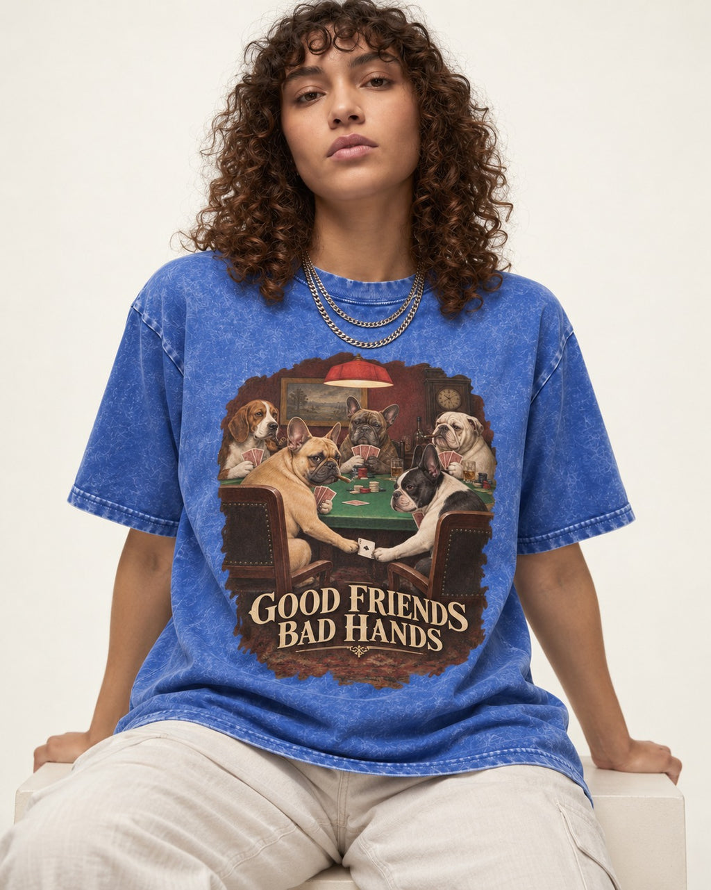 Frenchie Good Friends Bad Hands Poker Graphic Washed Tee in Royal Blue, worn by a seated model