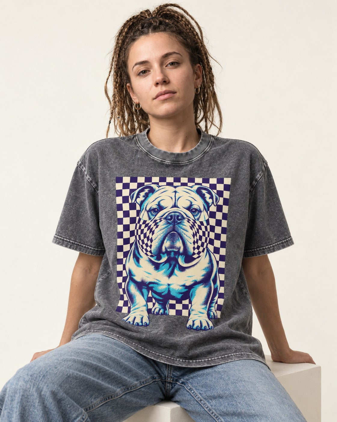 English Bulldog Double Take Washed Tee in Gray, worn by a seated model
