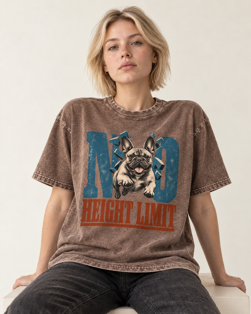 No Height Limit Frenchie Washed Tee in Coffee, worn by a seated model