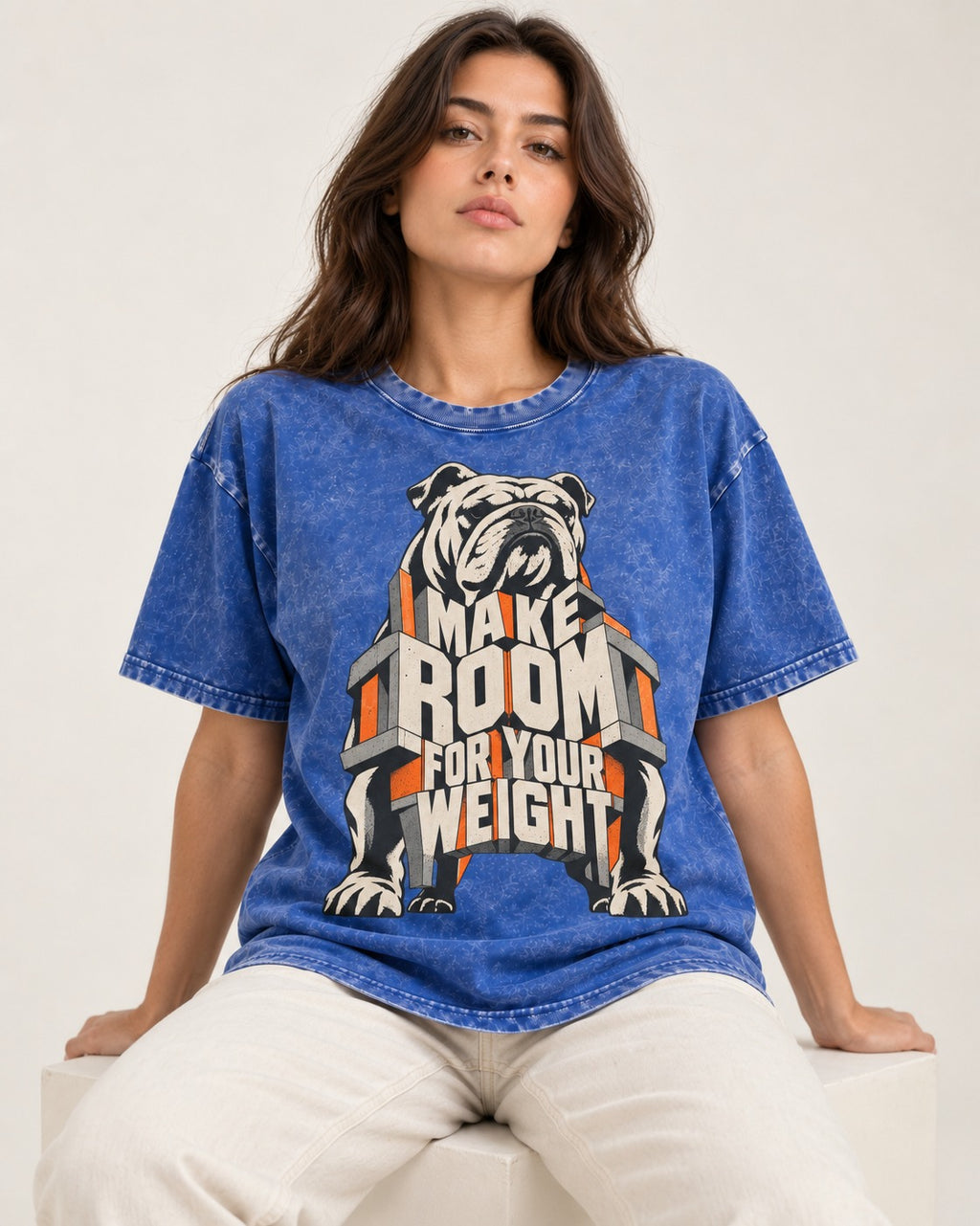 English Bulldog Make Room for Your Weight Dimensional Typography Washed Tee in Royal Blue, worn by a seated model
