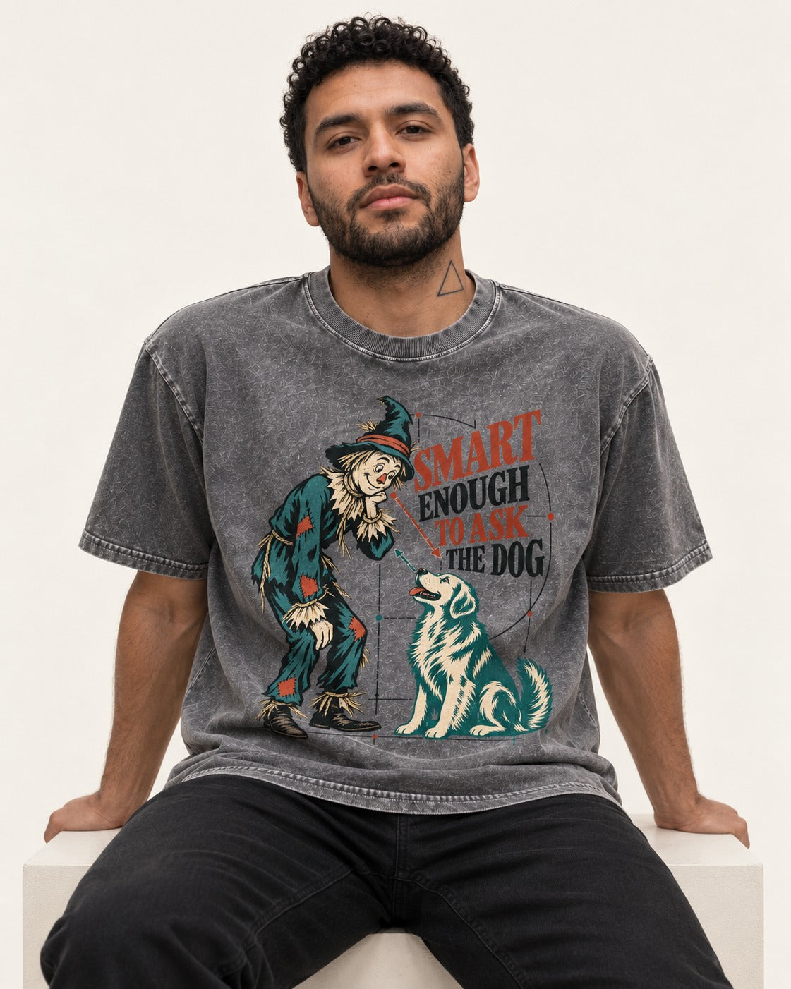 Ask the Golden Retriever Washed Tee in Gray, worn by a seated model